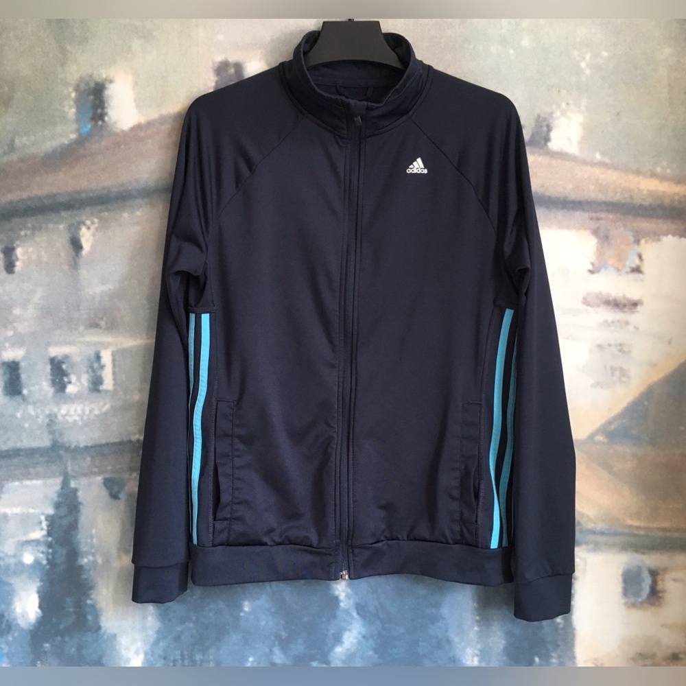 Adidas Women's Climalite Zip Up Jacket Navy Light Blue Stripes Lightweight Sz S